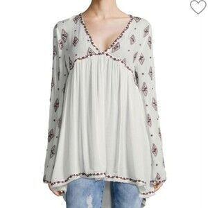 Free People White & Red Diamond Embroidered Tunic Top Size XS
